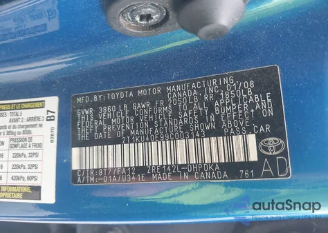 2009 Toyota Matrix z USA, uszkodzony, nr VIN 2T1KU40E99C003143